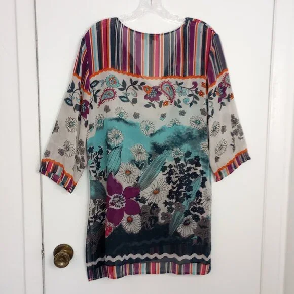 Coldwater Creek Silk Stripe & Floral Sheer Tunic Top - Picture 7 of 11